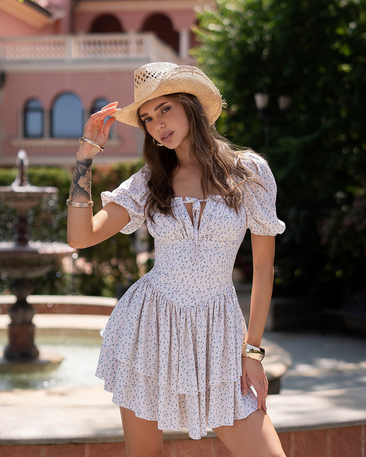 Gloria White Floral Print Square-Neck Mini Dress
