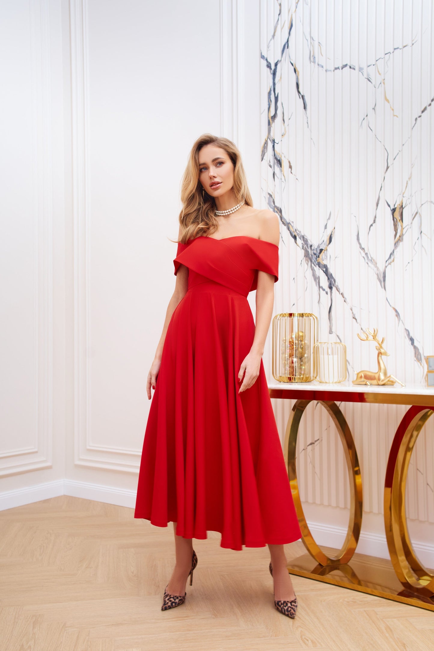 Red Off-The-Shoulder Midi Dress