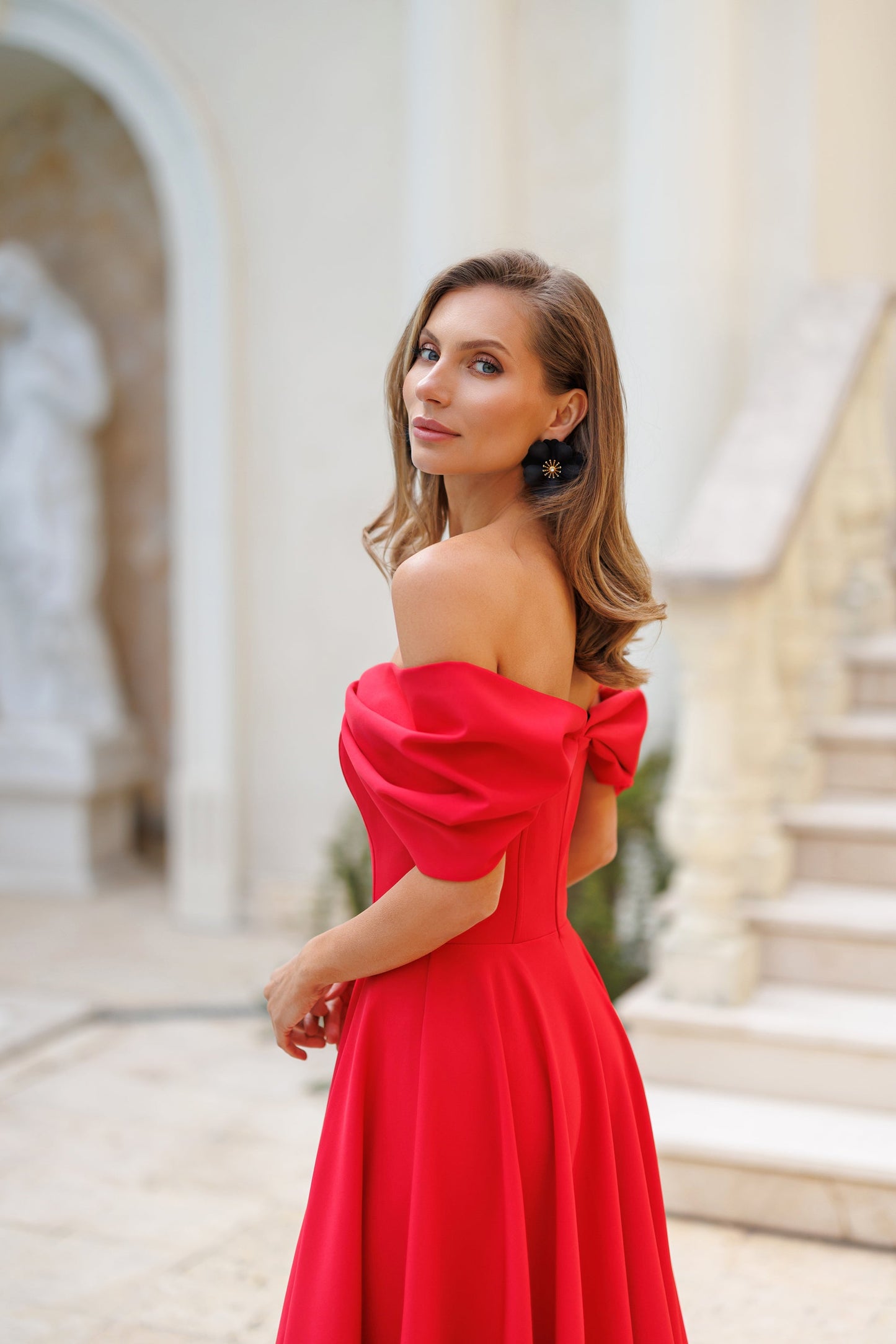 Red Off-The-Shoulder Draped Sleeve Midi Dress