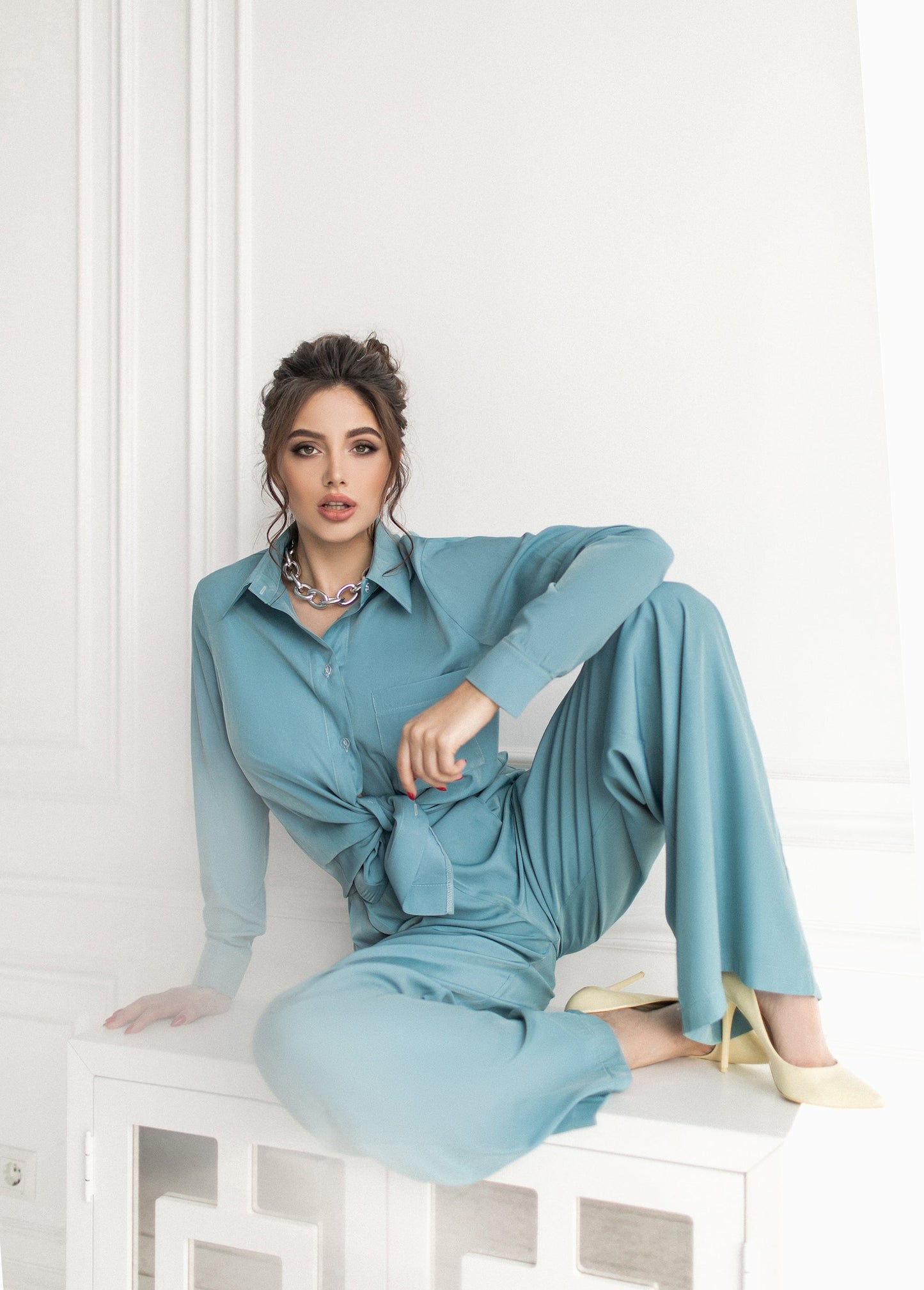 Tiffany-Blue Shirt & High Waist Pants 2-Piece Set