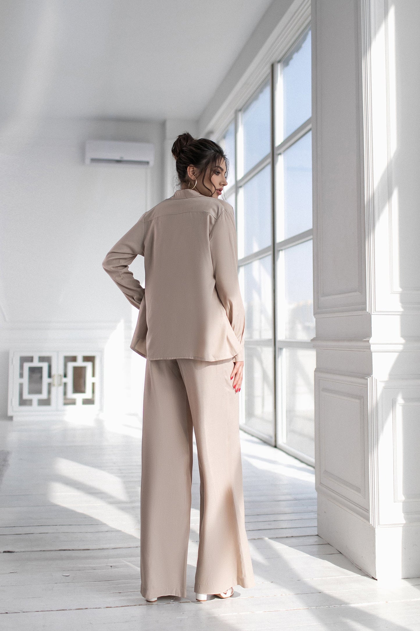 Beige Shirt & High Waist Pants 2-Piece Set