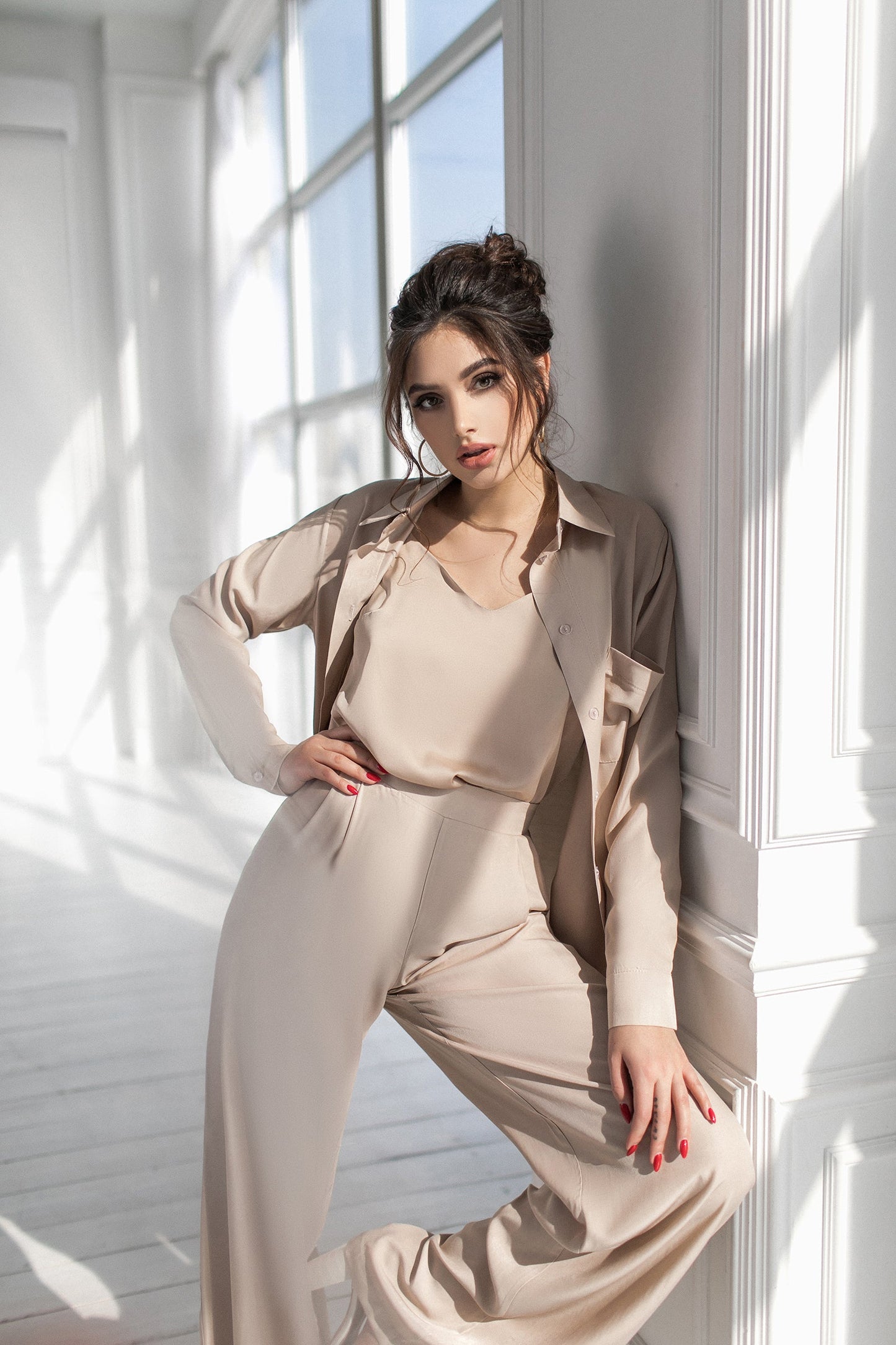 Beige Shirt & High Waist Pants 2-Piece Set