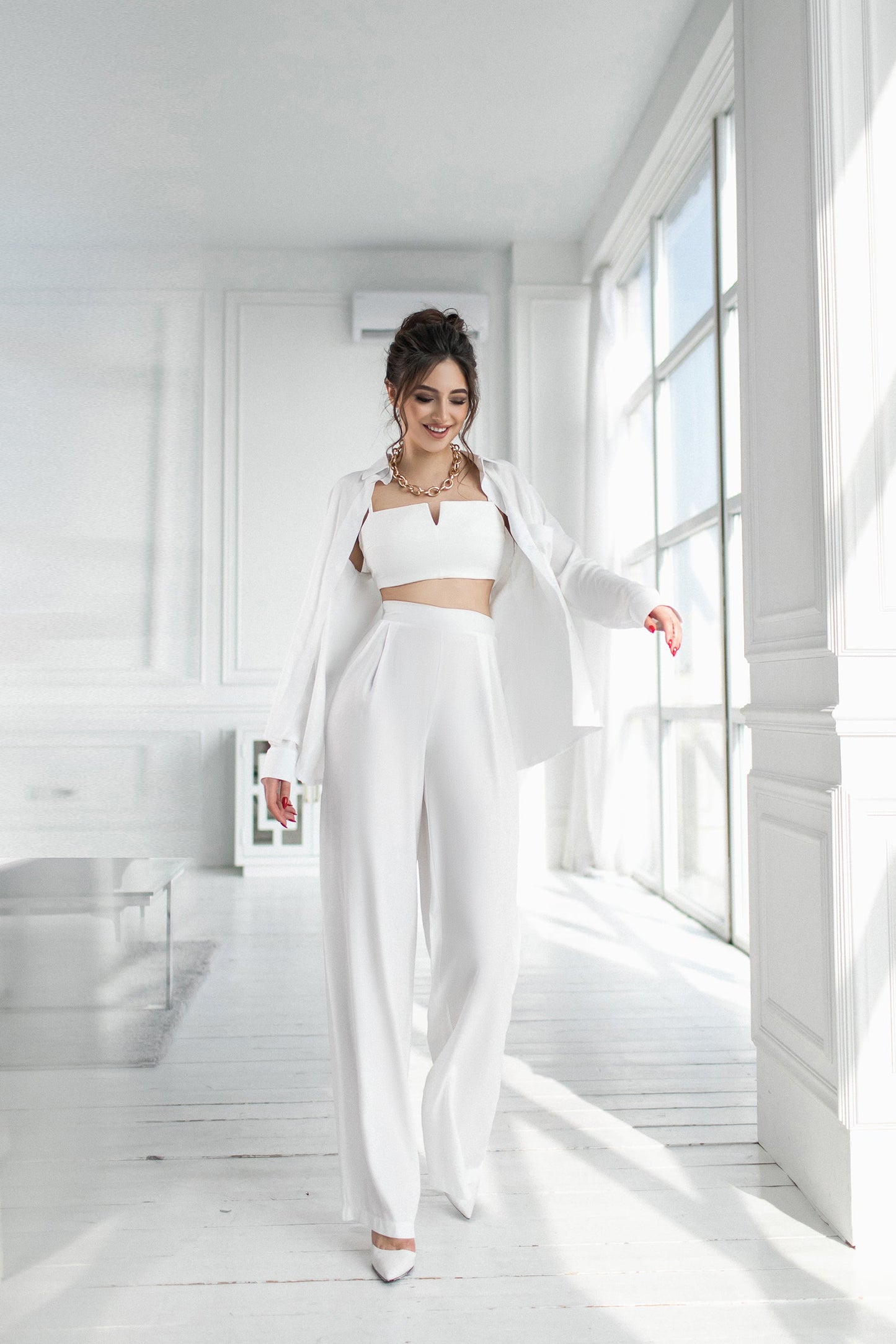 White Shirt & High Waist Pants 2-Piece Set