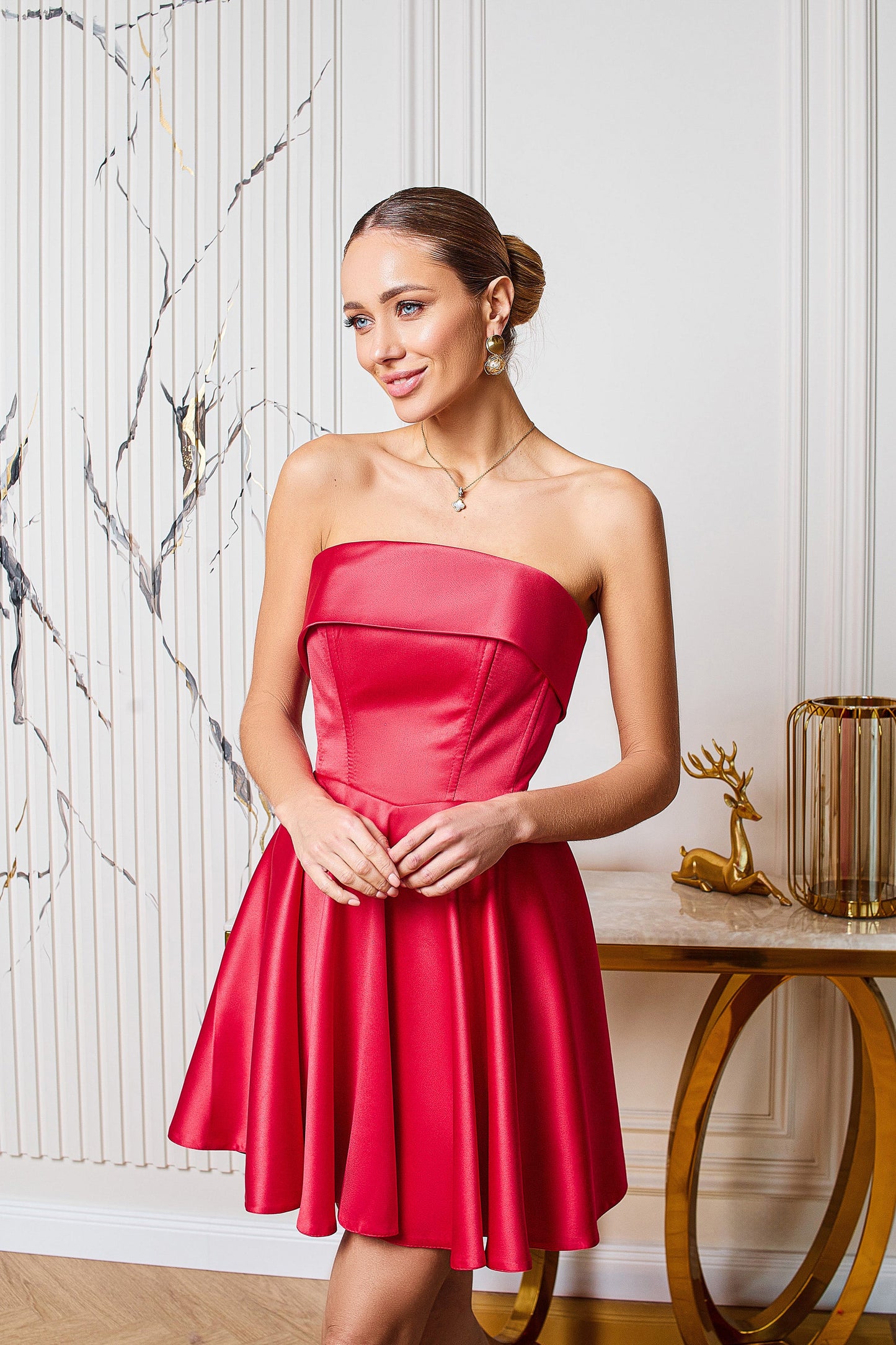 Red Satin Strapless Flared Mini Dress