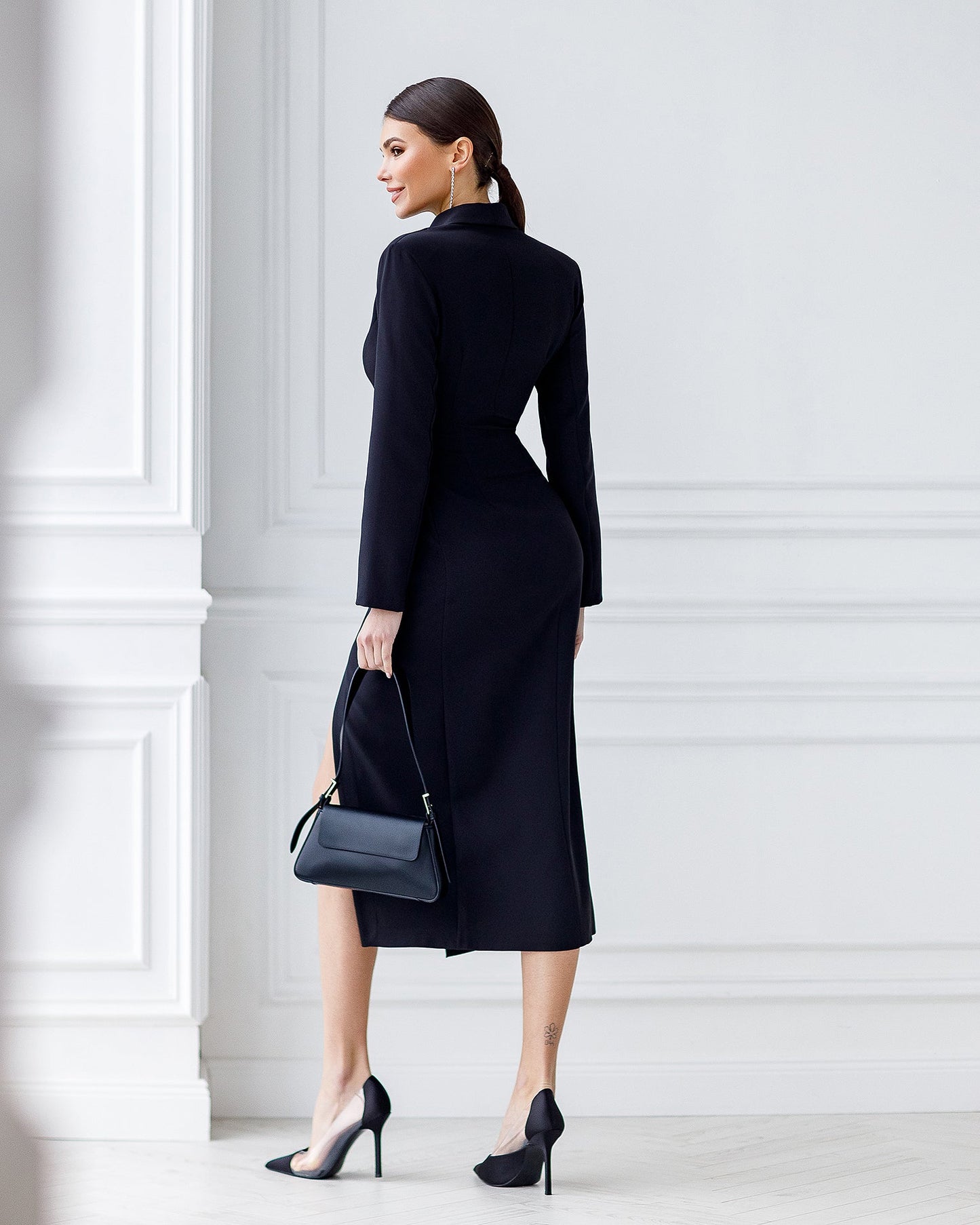 Black Collared Wrap Midi Dress