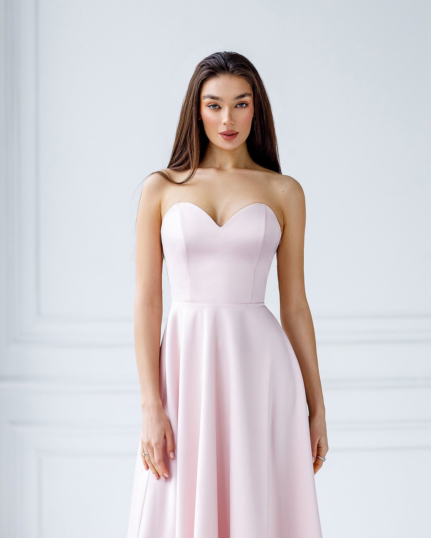Dusty Pink Satin Corseted Strapless Dress
