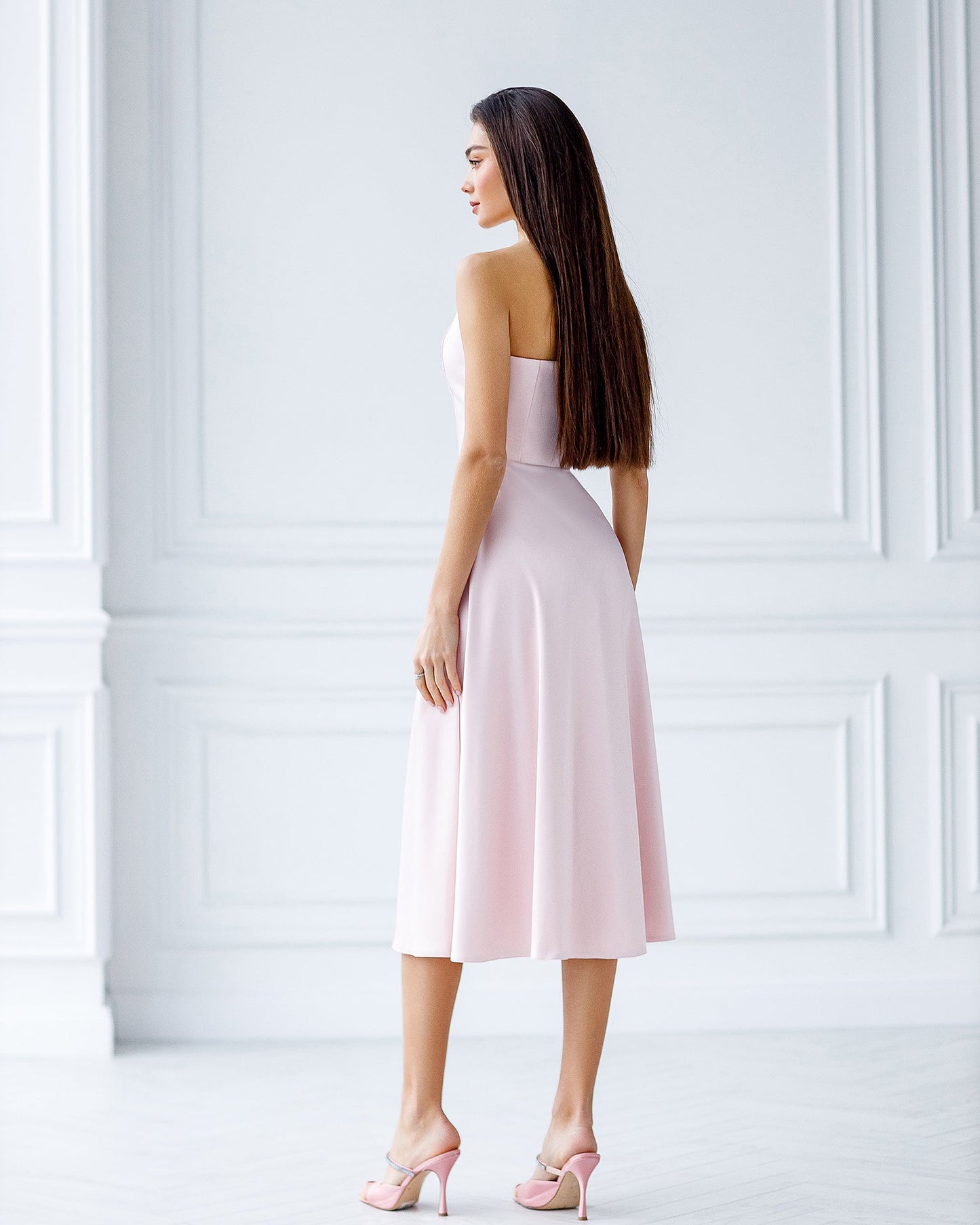 Dusty Pink Satin Corseted Strapless Dress