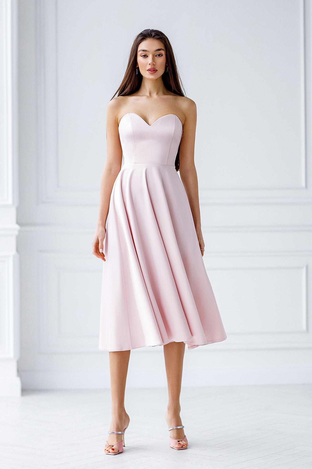 Dusty Pink Satin Corseted Strapless Dress