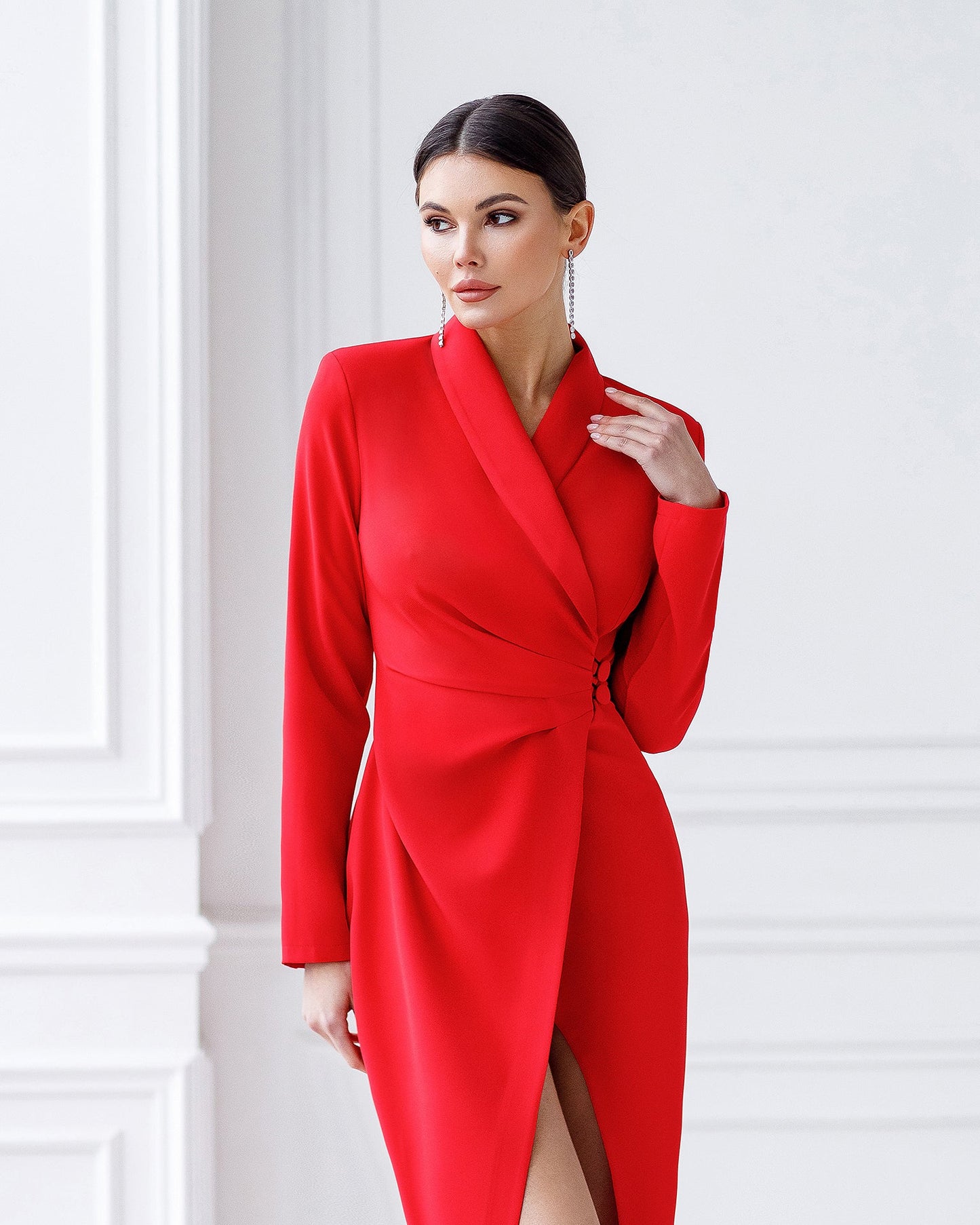 Red Collared Wrap Midi Dress