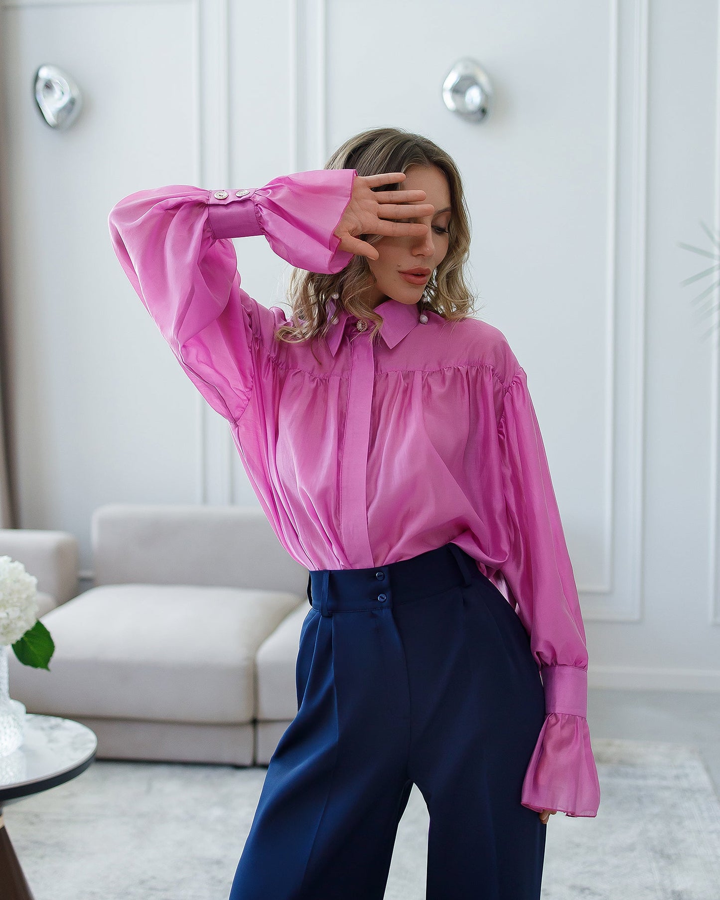 Monica Navy High-Waisted Pleated Palazzo Pants