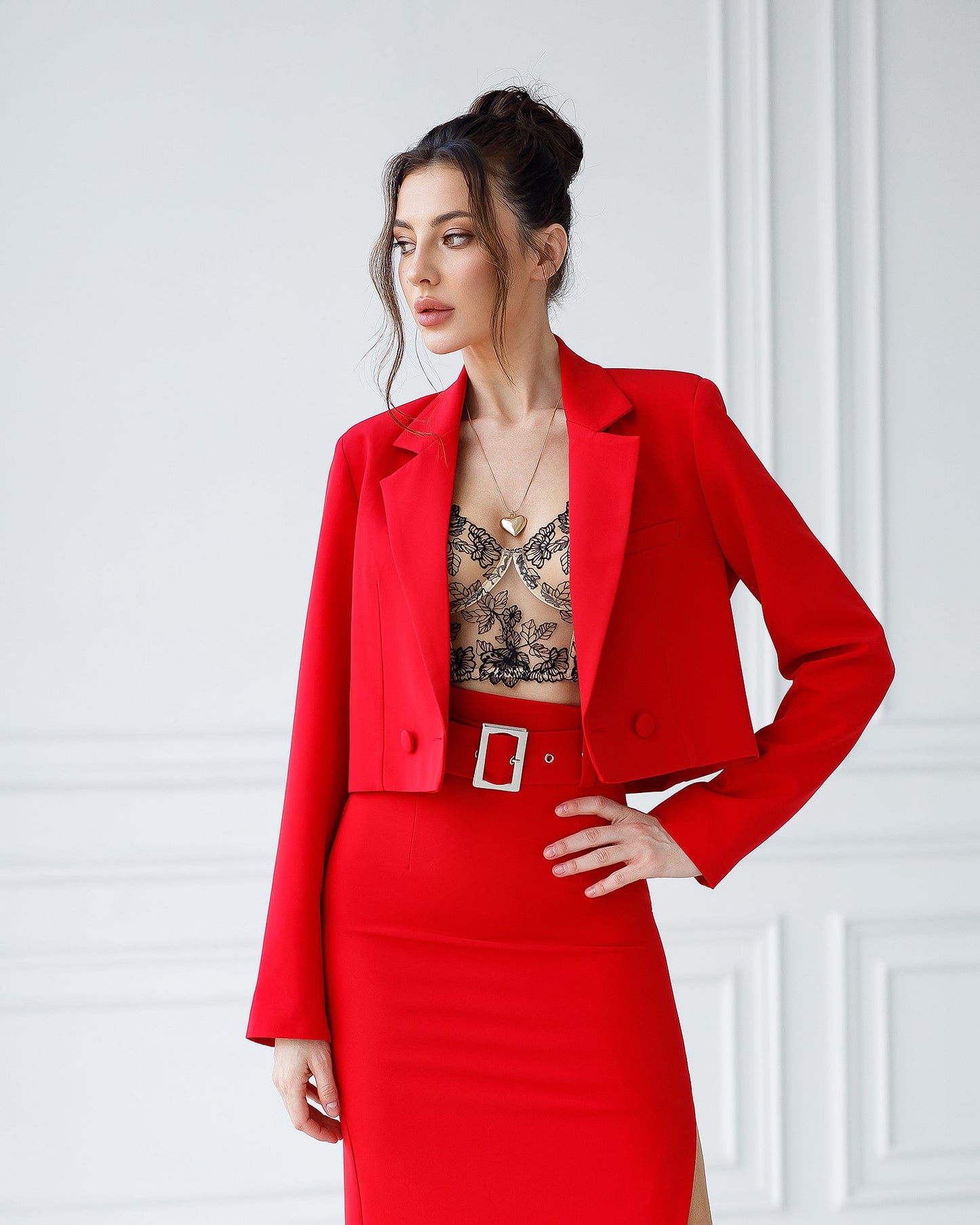 Red Crop Jacket Skirt Suit 2-Piece Suit