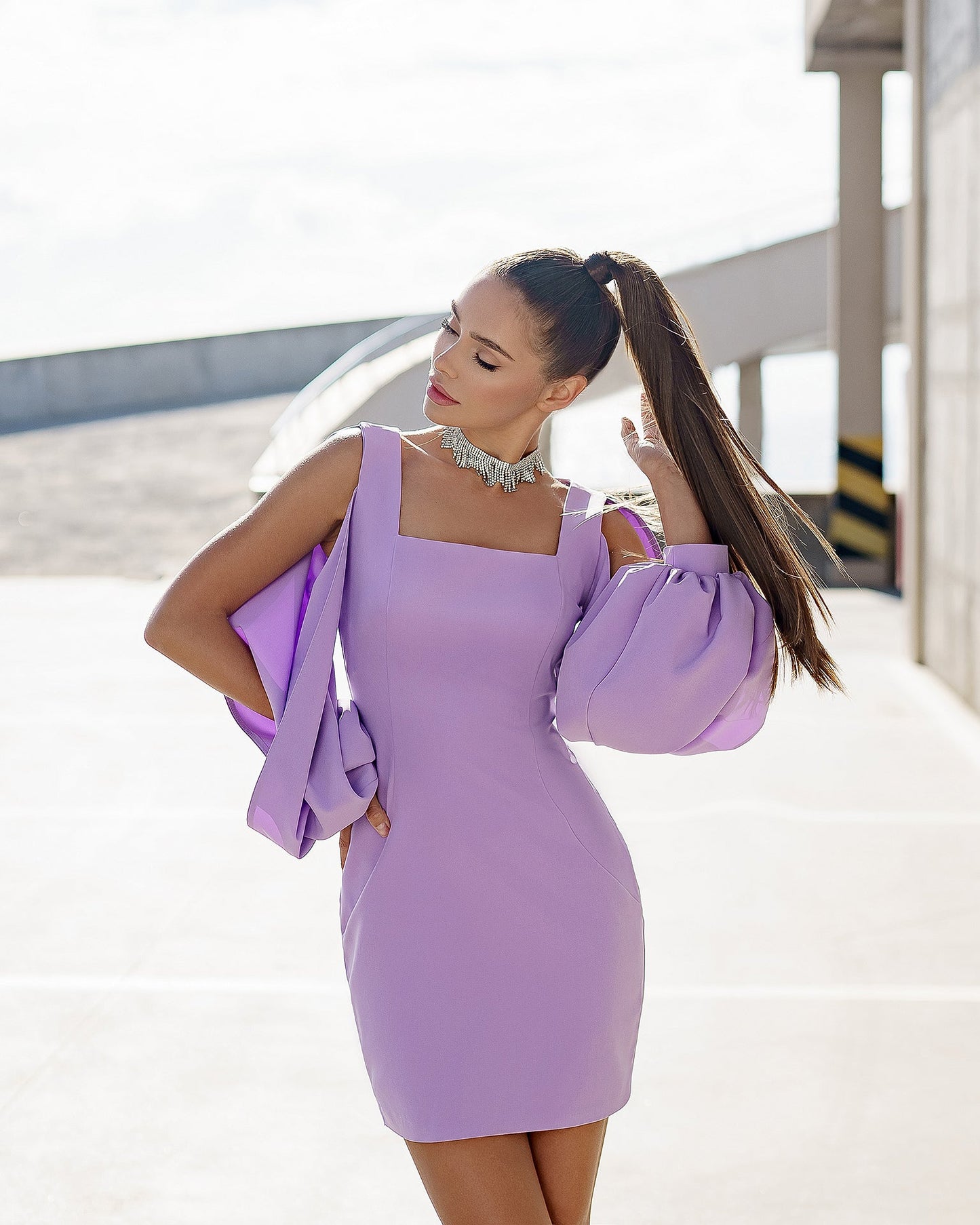 Lavender Square Neck Сut-Out Sleeve Mini Dress