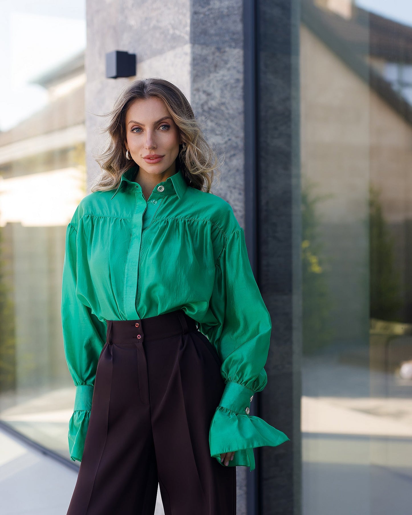 Monica Brown High-Waisted Pleated Palazzo Pants