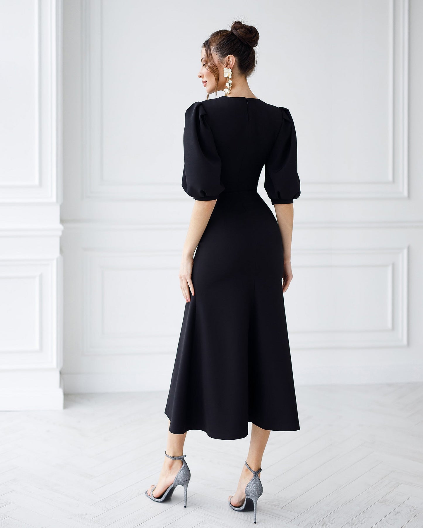 Black Puff-Sleeve Midi Dress
