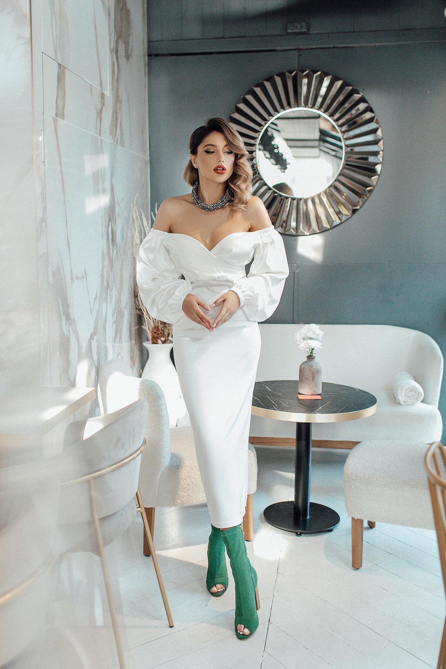 White Satin Puff-Sleeve Midi Dress