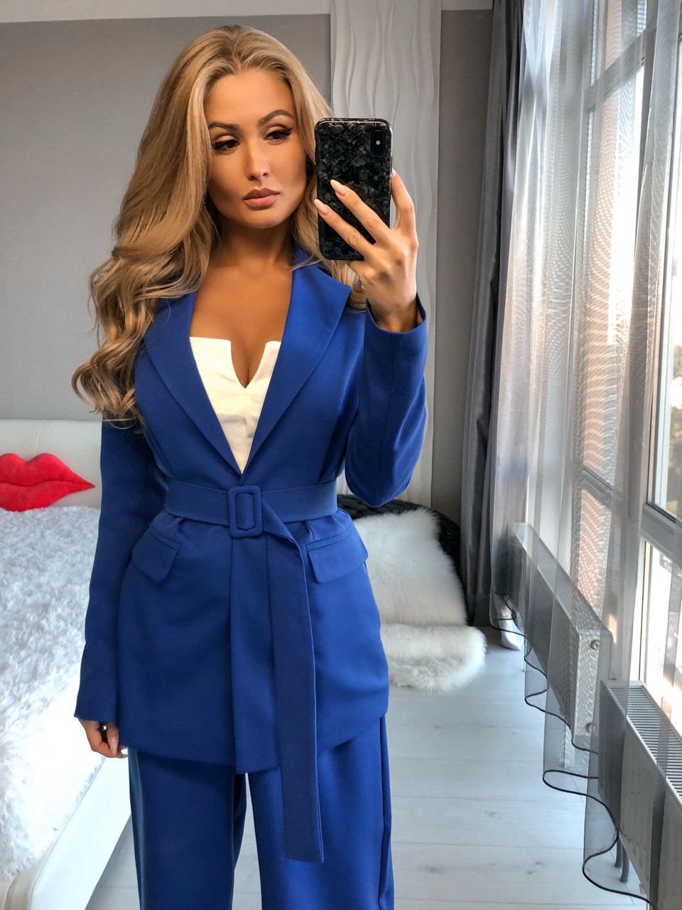 Blue Belted Wide-Leg Suit 2-Piece