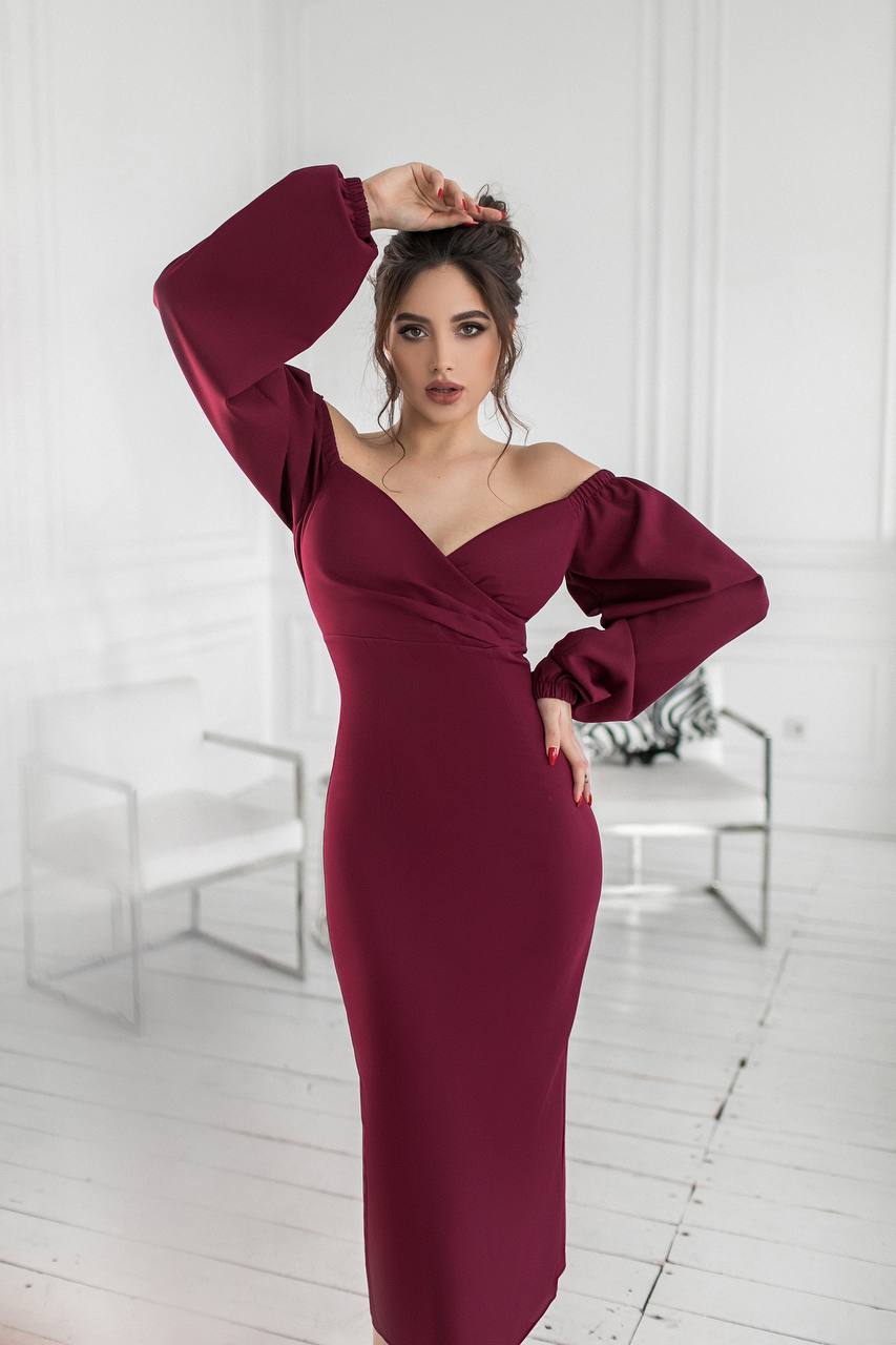 Bordeaux Puff-Sleeve Midi Dress