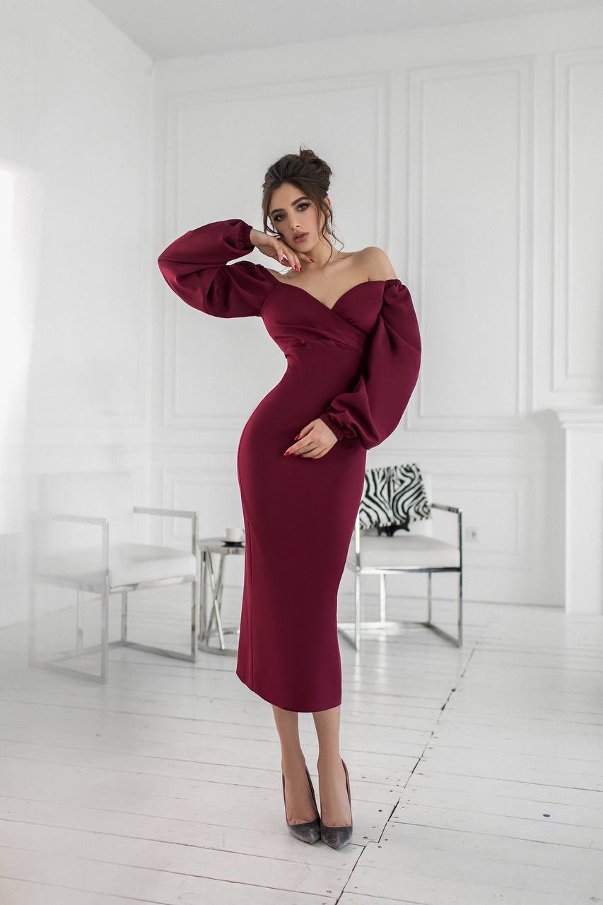 Bordeaux Puff-Sleeve Midi Dress