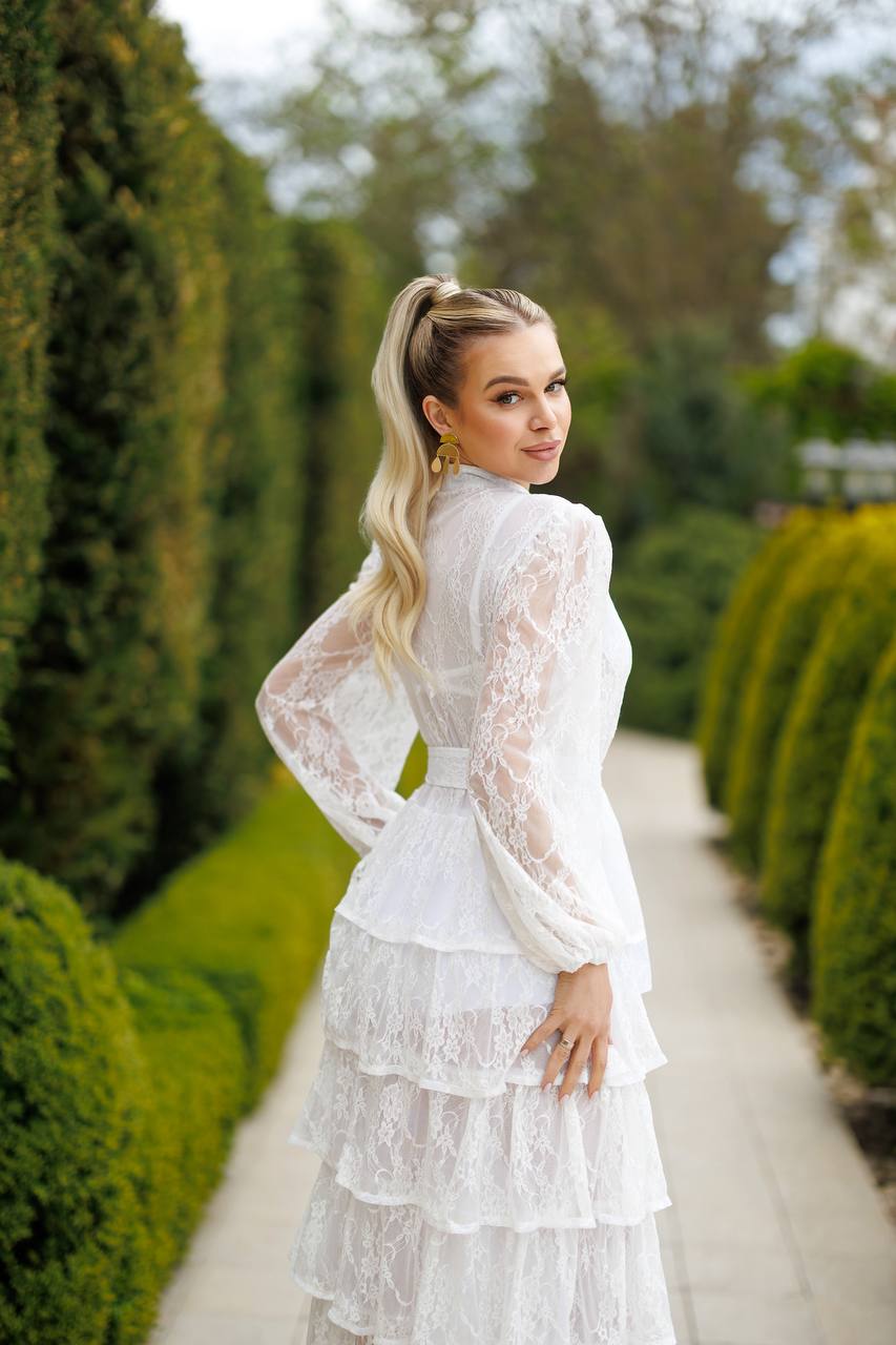White Tiered Lace Belted Midi Dress