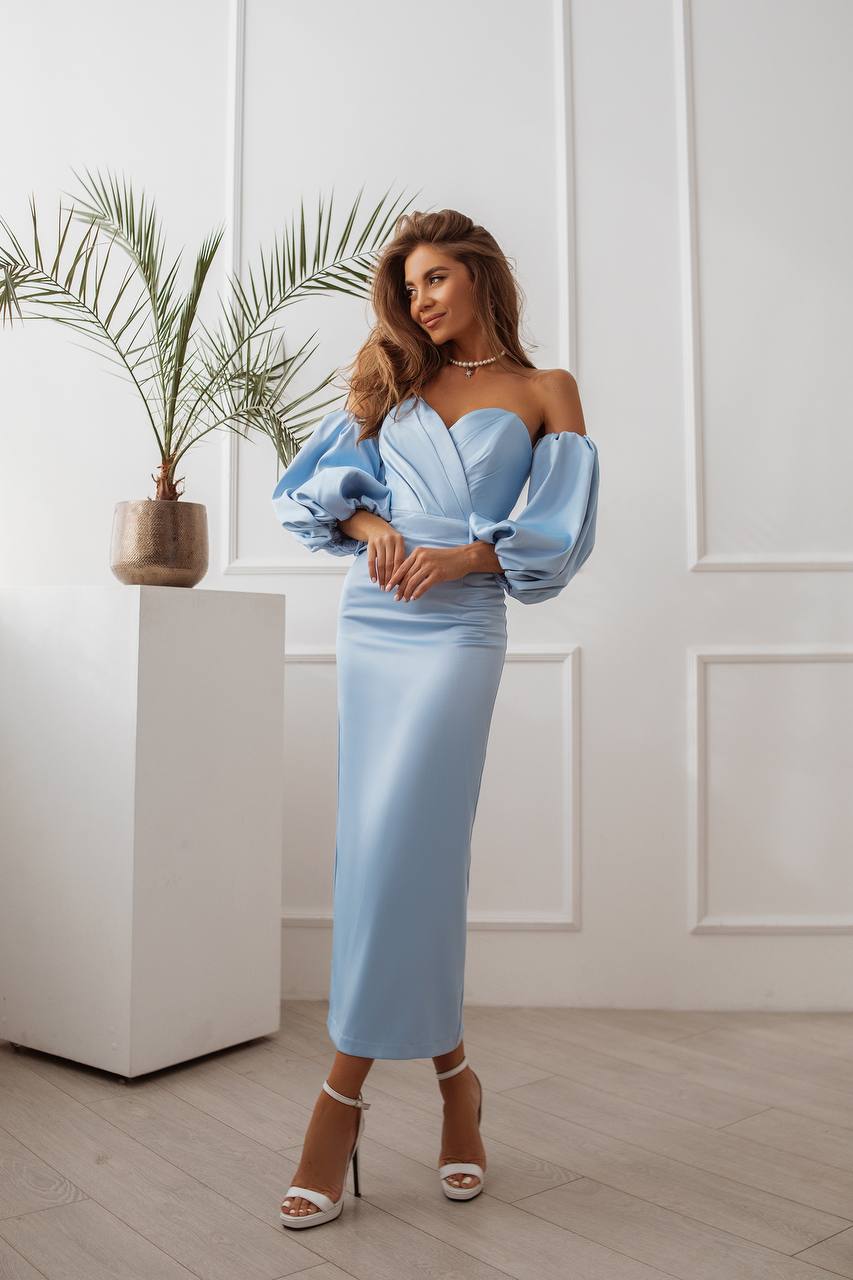 trinarosh Sky-Blue Puffed Sleeve Midi Prom Dress