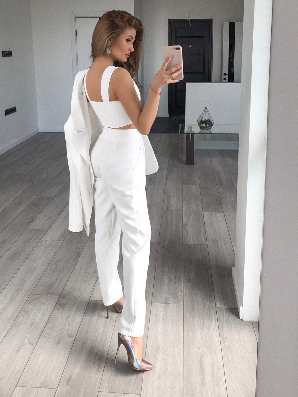 trinarosh White Casual 3-Piece Suit With Straight Leg Trousers And Top