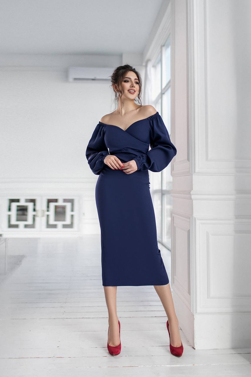 trinarosh Blue Puff-Sleeve Midi Dress