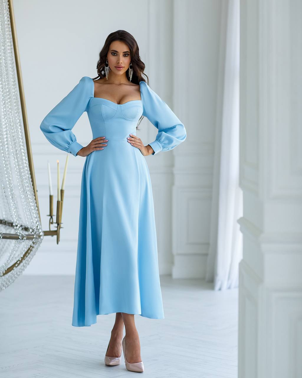 Sky-Blue Puff-Sleeve Midi Dress - Main Image