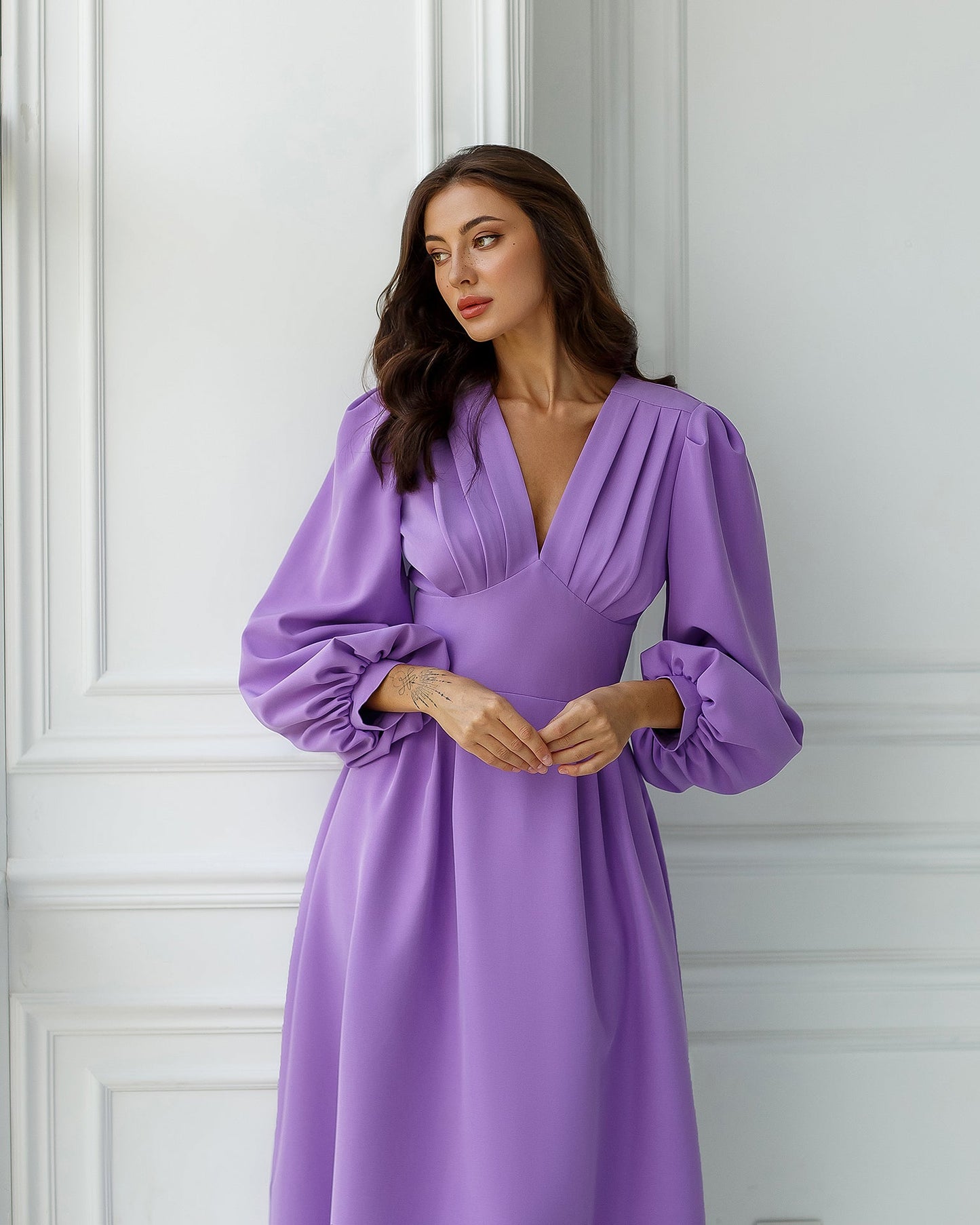 trinarosh Purple V-Neck Puff-Sleeve Midi Dress