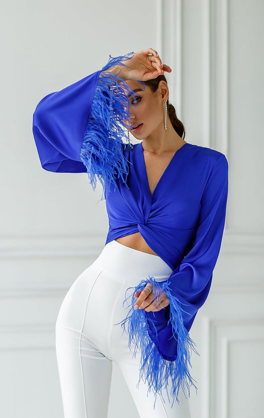 trinarosh Blue Silk Feather Sleeve Blouse