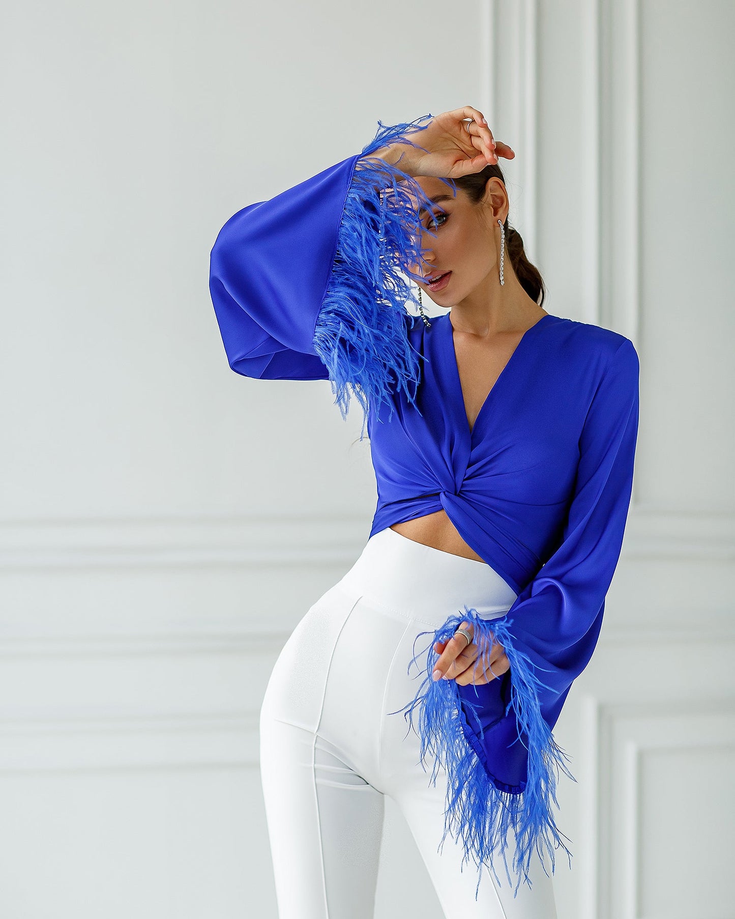 trinarosh Blue Silk Feather Sleeve Blouse