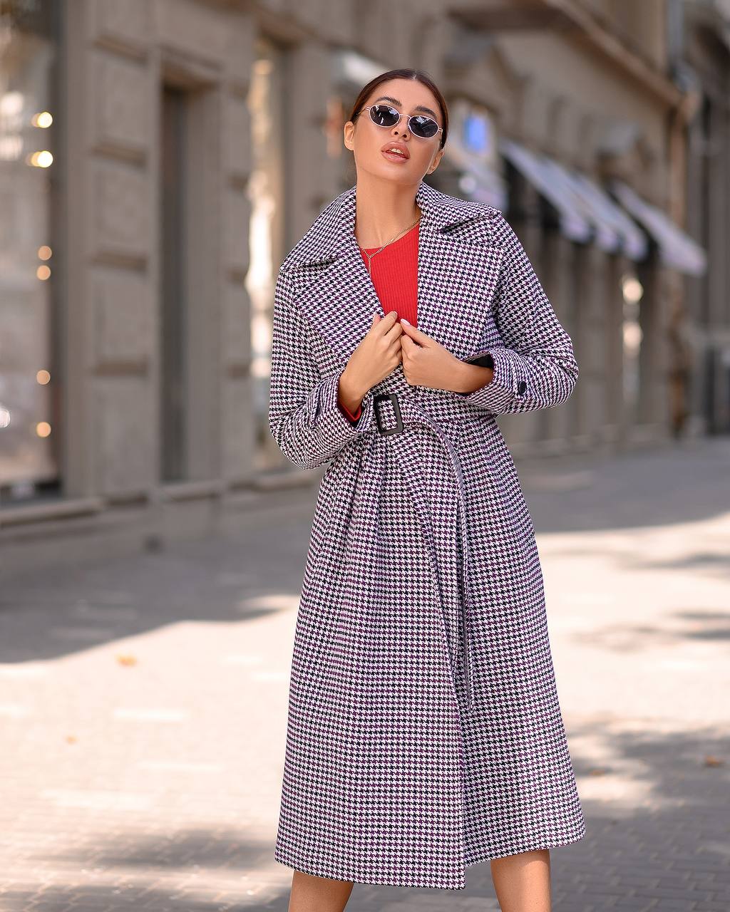 trinarosh Casual Purple Checked Belted Coat