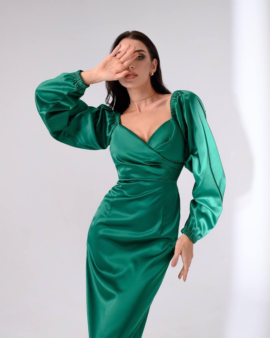 trinarosh Satin Puff-Sleeve Midi Dress