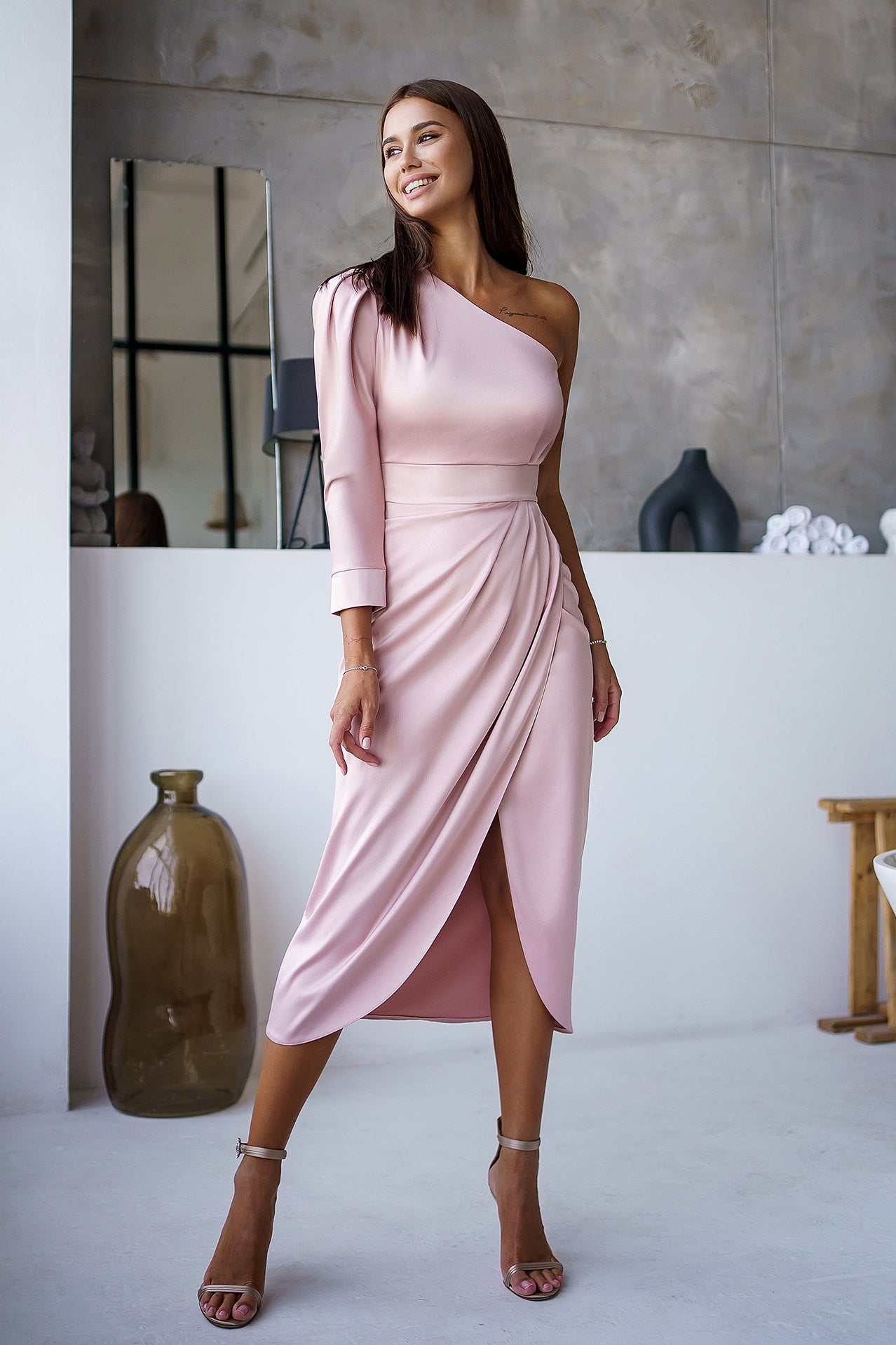 Dusty Pink One-Shoulder Satin Midi Dress trinarosh Dusty Pink One-Shoulder Satin Midi Dress trinarosh