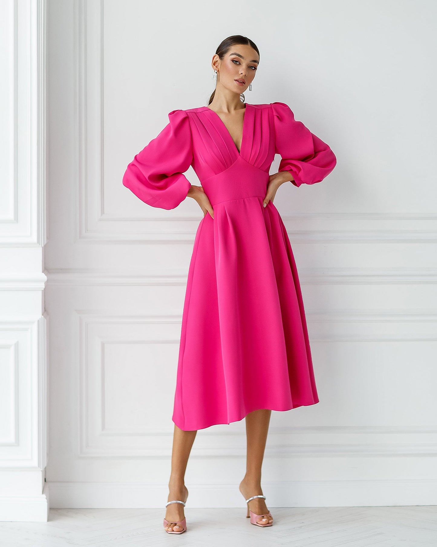 trinarosh Crimson V-Neck Puff-Sleeve Midi Dress