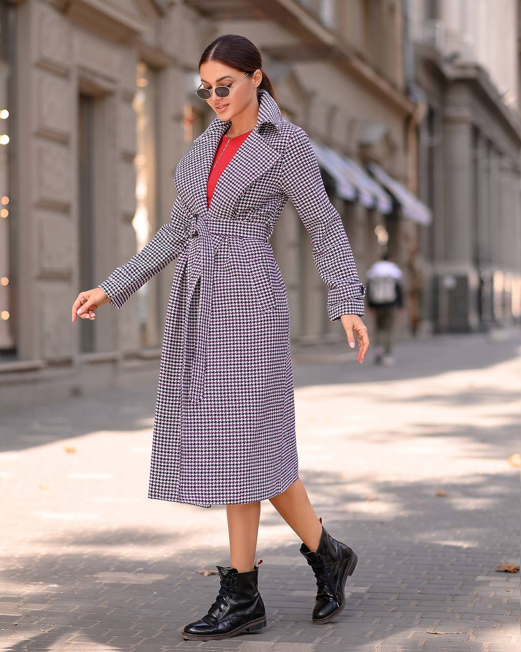 trinarosh Casual Purple Checked Belted Coat