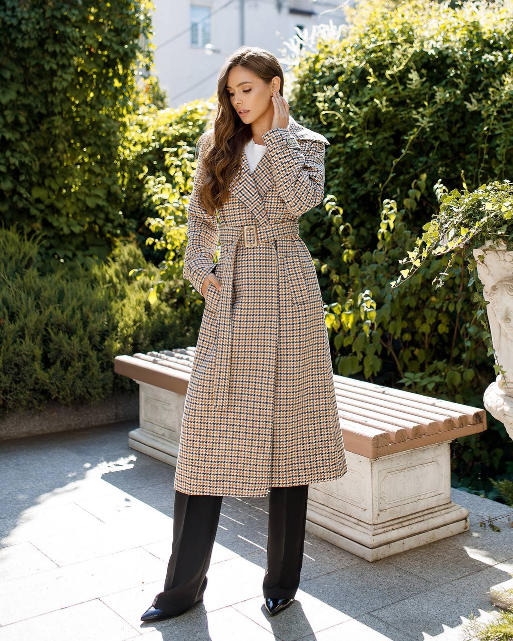 trinarosh Casual Brown Checked Belted Coat