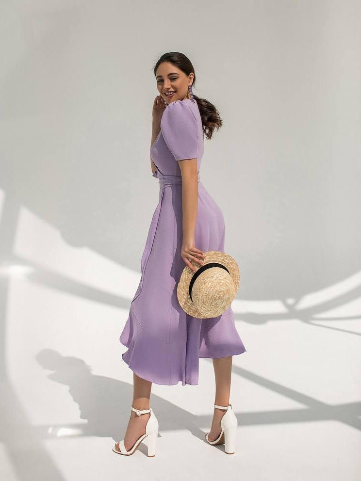 trinarosh Lavender Wrap Short Sleeve Midi Dress