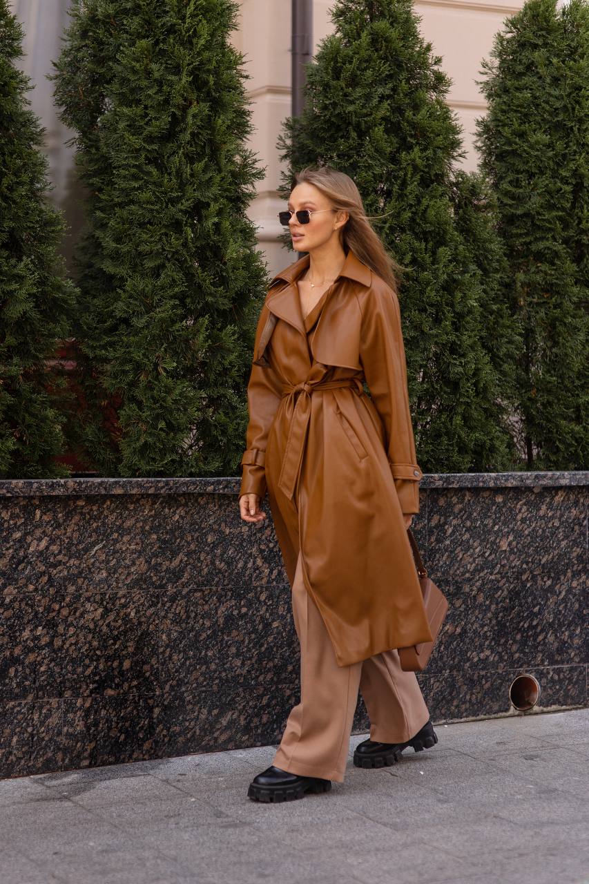 trinarosh Brown Leather Belted Trench Coat
