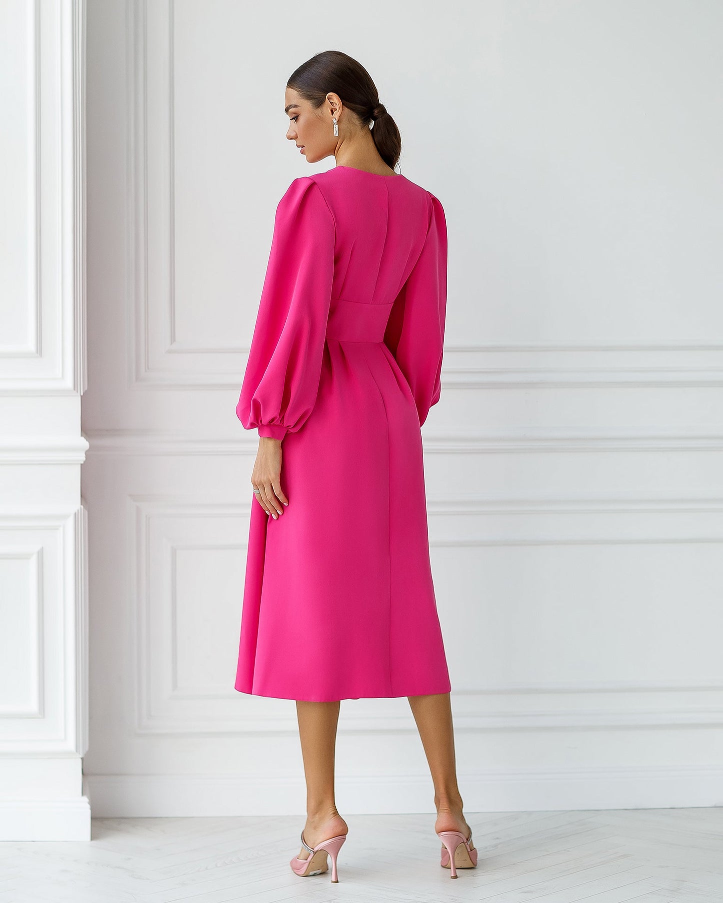 trinarosh Crimson V-Neck Puff-Sleeve Midi Dress