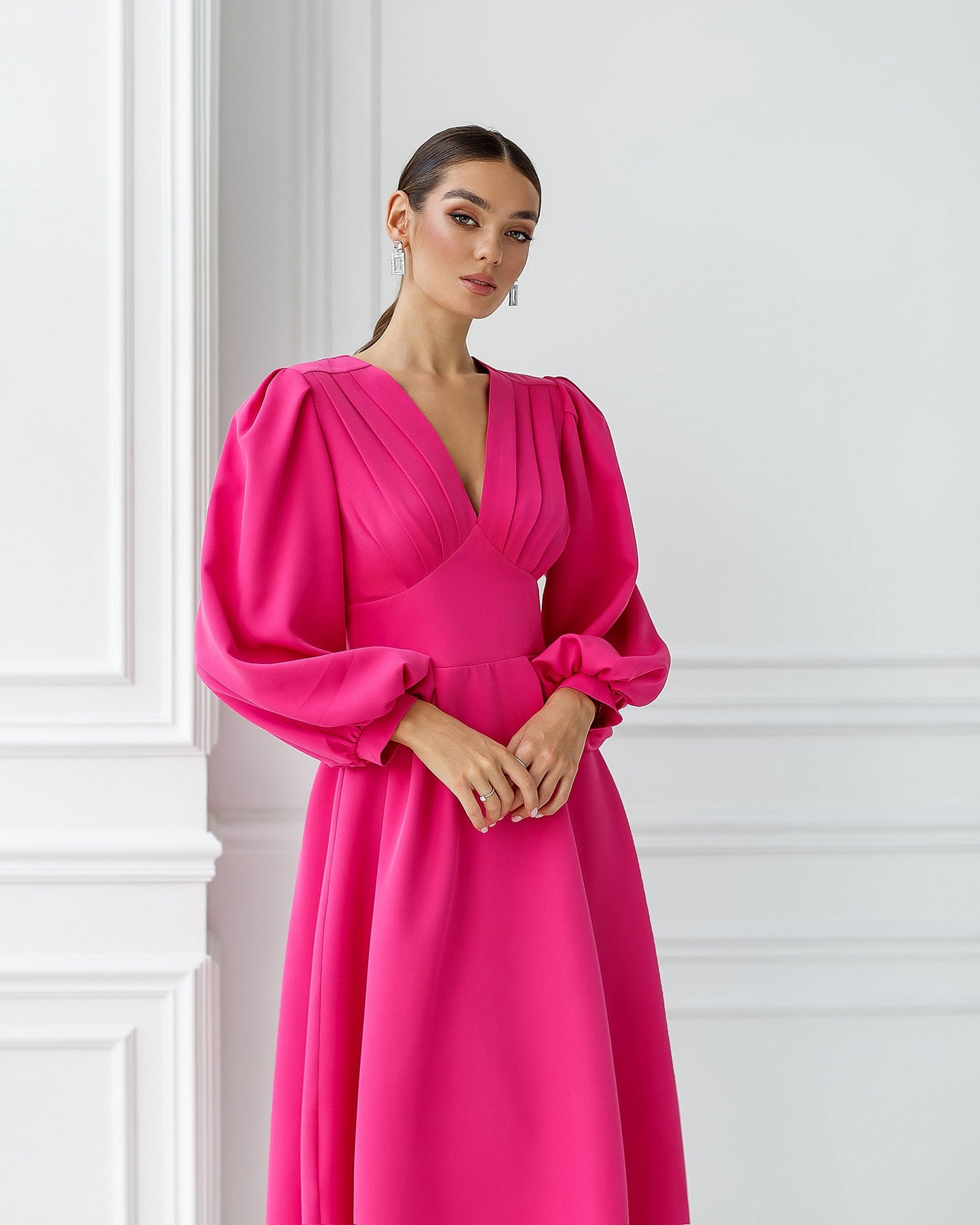 trinarosh Crimson V-Neck Puff-Sleeve Midi Dress