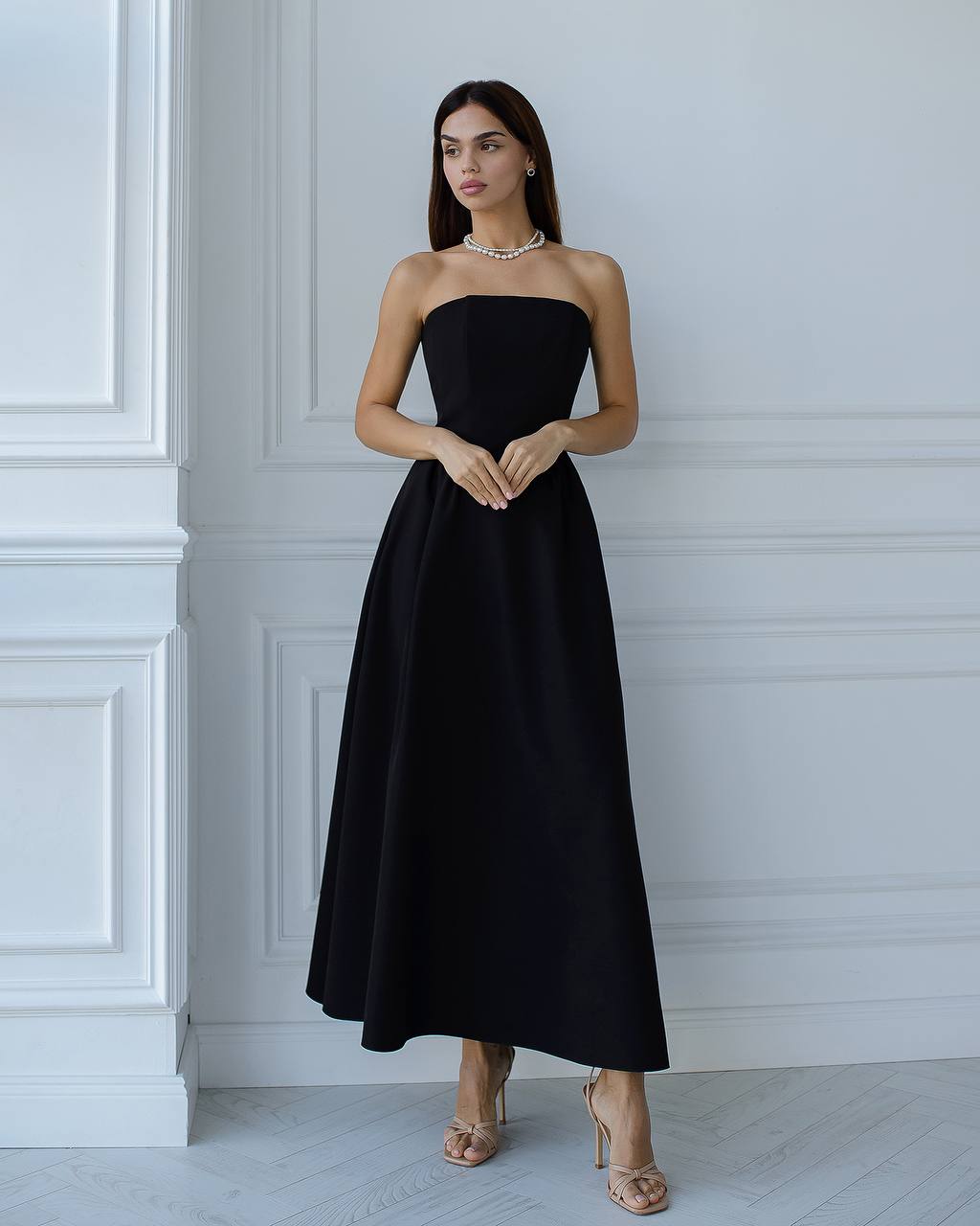 Black strapless midi dress on sale