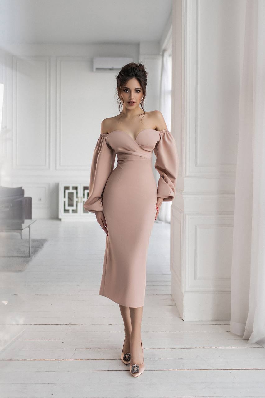 trinarosh Beige Puff-Sleeve Midi Dress