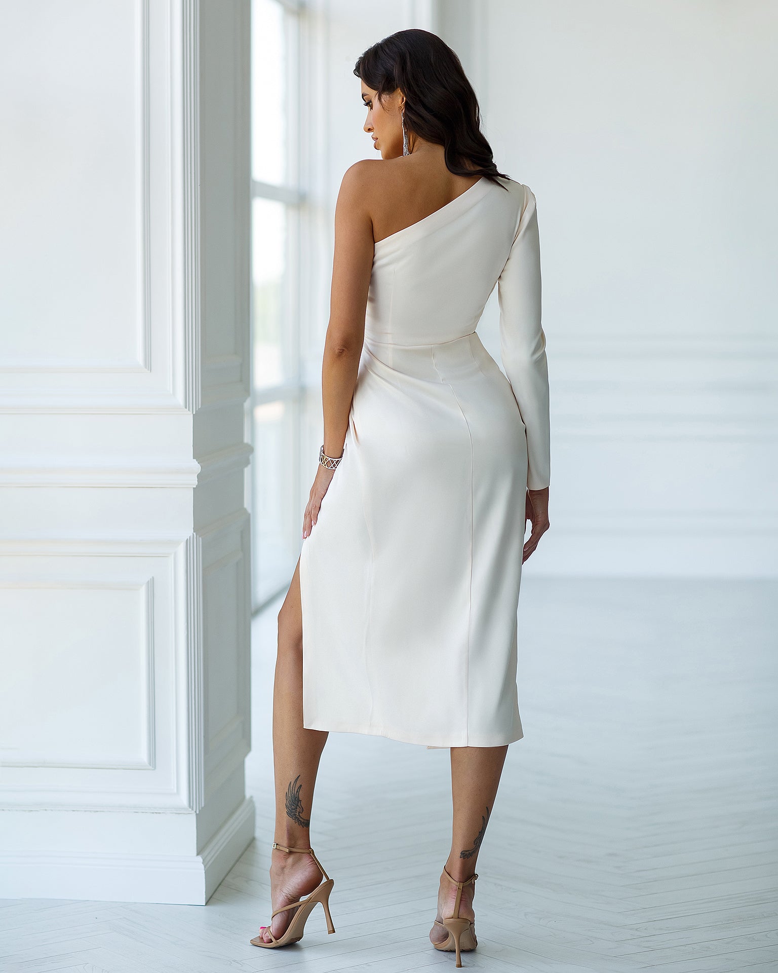 trinarosh White Satin One-Shoulder Cut-Out Midi Dress