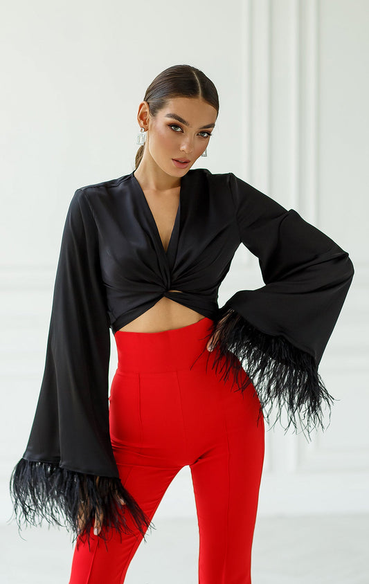 trinarosh Black Silk Feather Sleeve Blouse