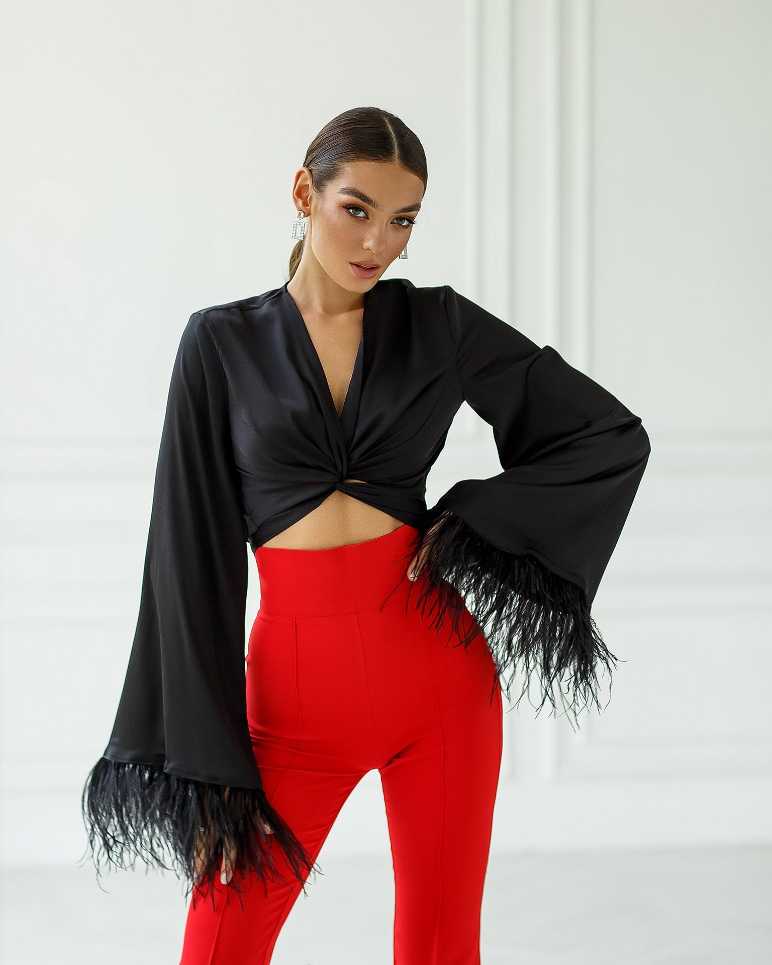 trinarosh Black Silk Feather Sleeve Blouse