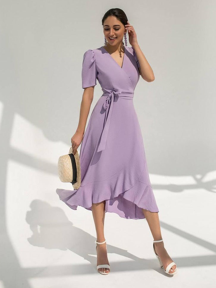 trinarosh Lavender Wrap Short Sleeve Midi Dress