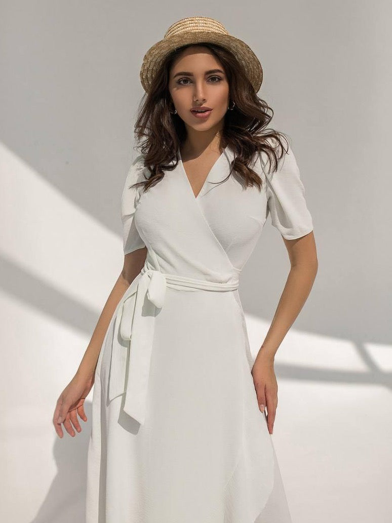 trinarosh White Wrap Short Sleeve Midi Dress