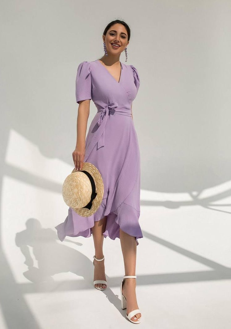 trinarosh Lavender Wrap Short Sleeve Midi Dress