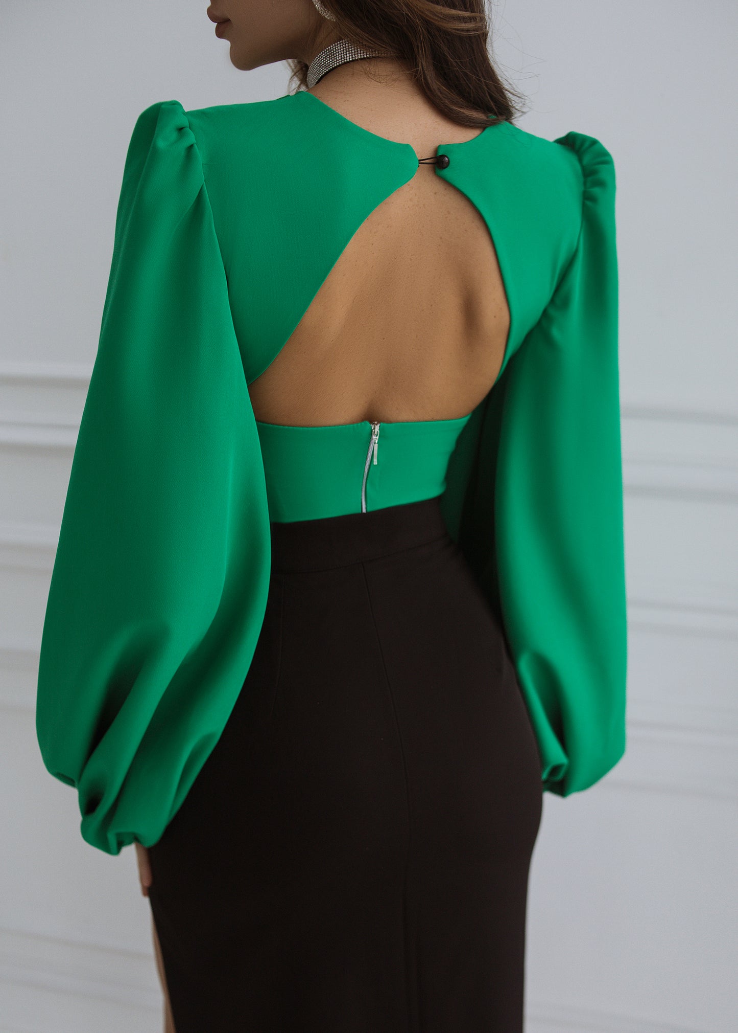 trinarosh Green Puff Sleeve V-neck Blouse