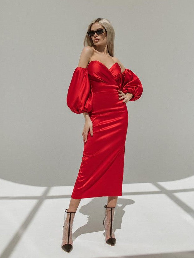 trinarosh Red Puffed Sleeve Midi Prom Dress